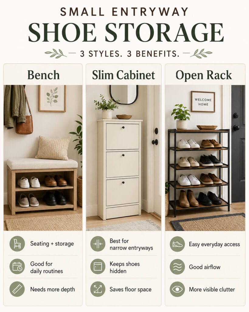 Comparison of entryway shoe storage options including bench, slim cabinet and open shoe rack