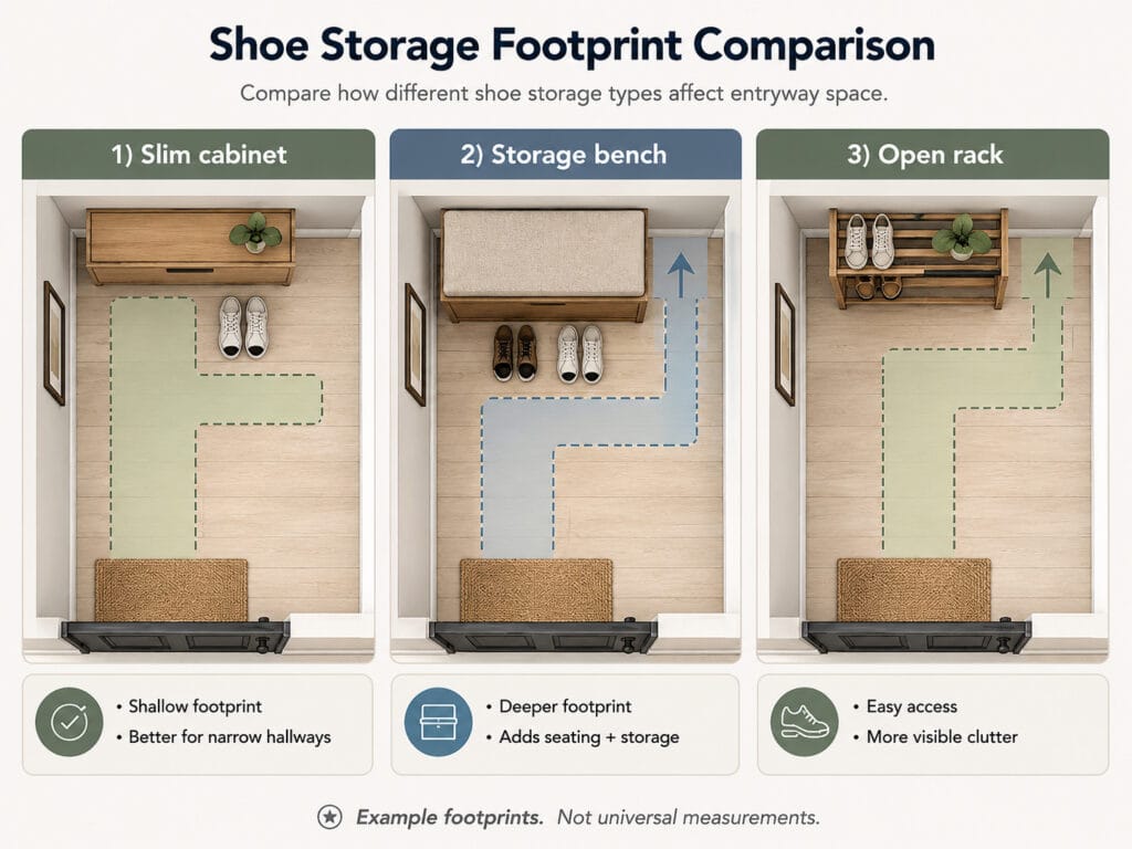 Comparison of slim shoe cabinet, storage bench and open shoe rack footprints in a small entryway