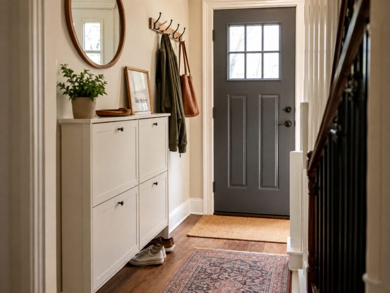 Small entryway with compact shoe storage, wall hooks and a clear walking path