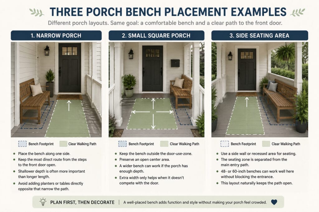 Three porch bench placement ideas for narrow, square and side-seating front porches