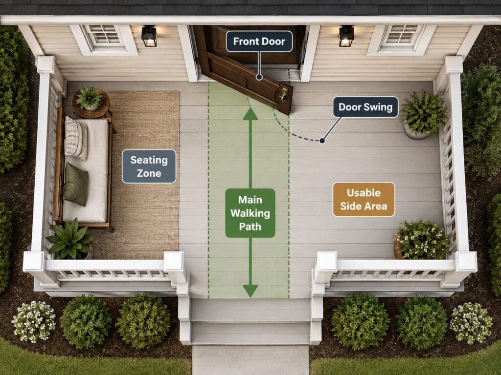 Small front porch layout showing door swing, seating area and clear walking path