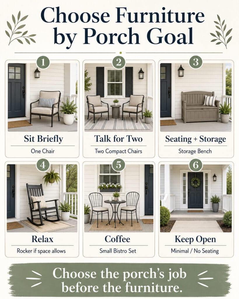 Small front porch furniture guide showing which furniture type fits different porch goals