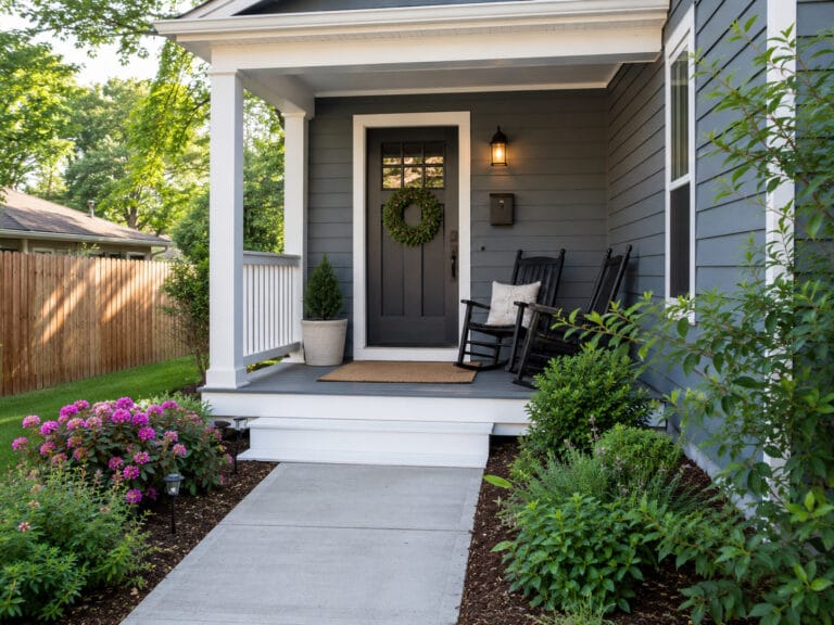Small front porch with compact seating, simple decor and a clear path to the front door