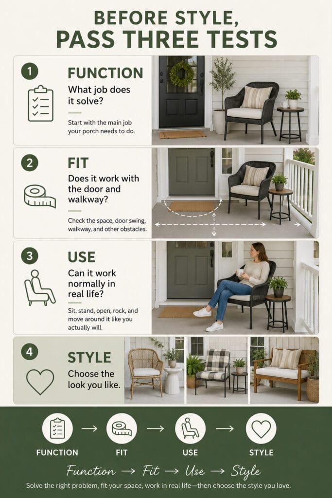 Small front porch furniture selection guide using function, fit and everyday use before style