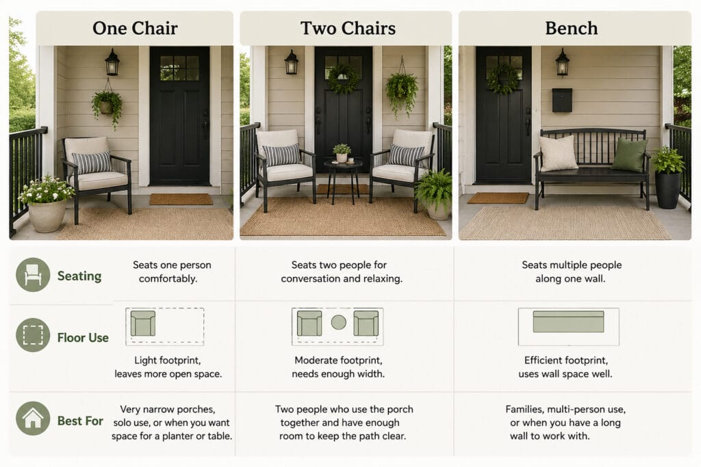 Comparison of one chair, two chairs and a bench for a small front porch