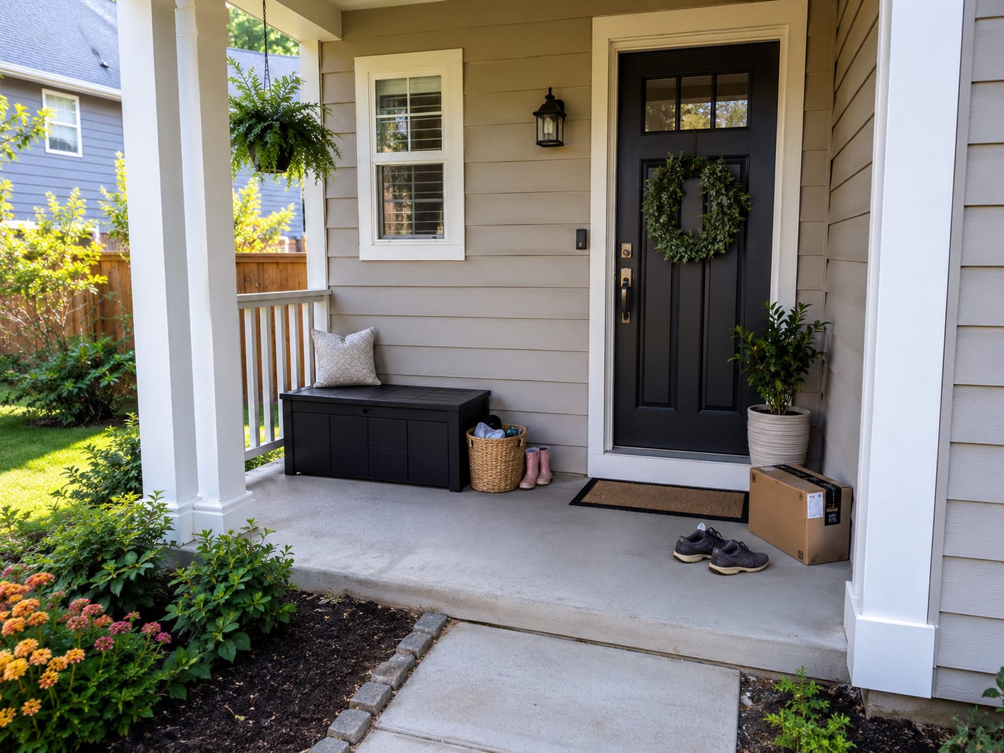 Small front porch with compact storage, everyday shoes and a clear path to the door