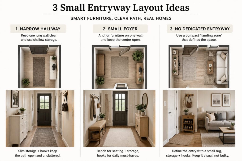 Three small entryway layouts for a narrow hallway, small foyer and front door opening into a living room