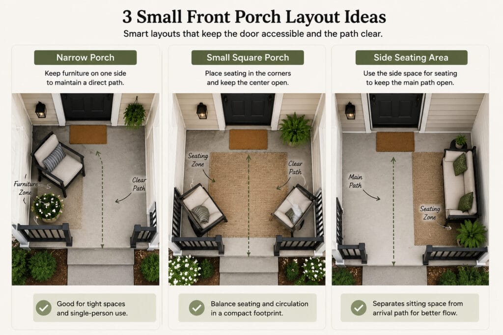 Three small front porch layouts for a narrow porch, square porch and side seating area