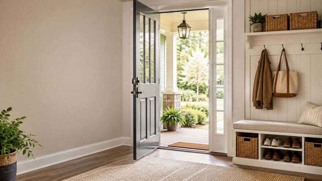 Welcoming home entryway with storage bench, coat hooks, and front porch view