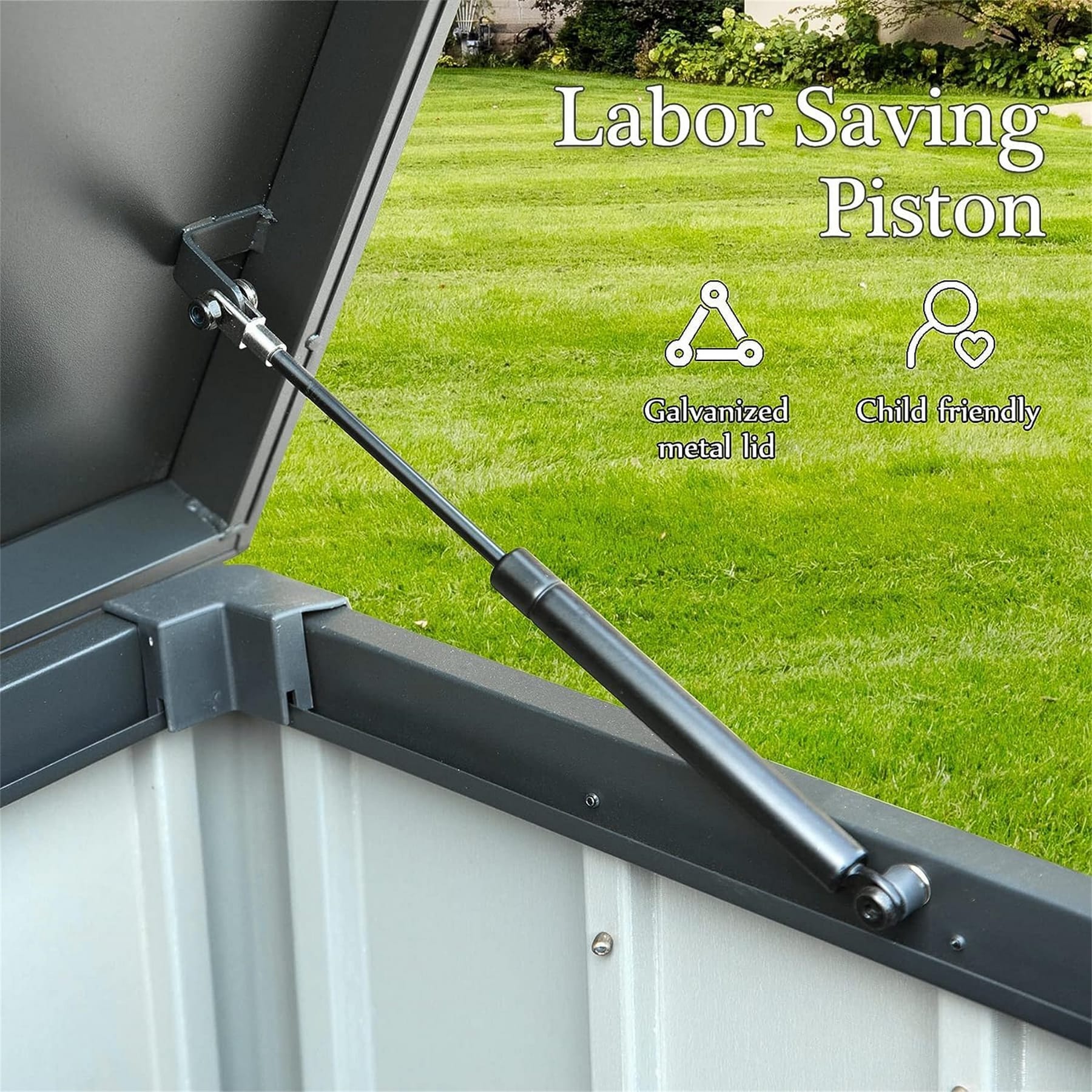 100-gallon outdoor steel deck box showing its assisted-opening piston and galvanized metal lid