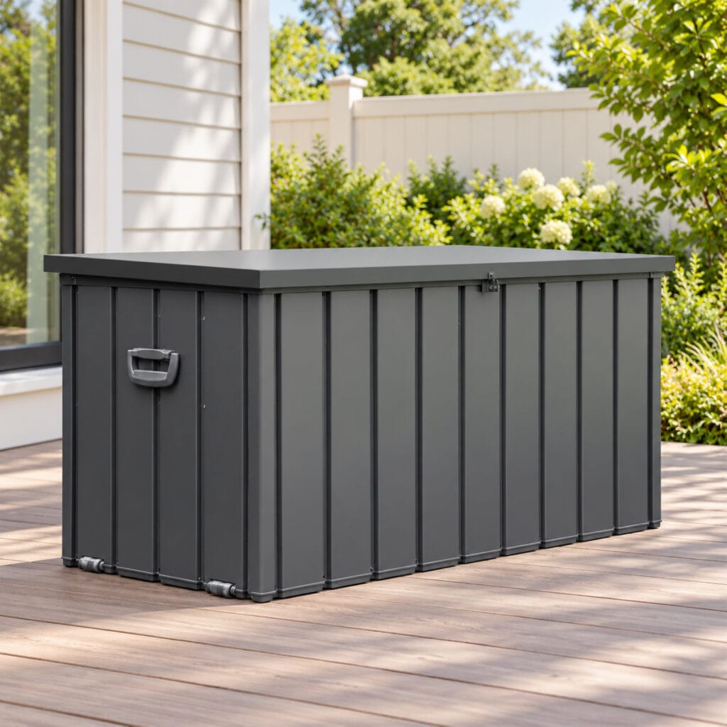 Dark gray 100-gallon steel outdoor storage deck box with a lockable lid on a residential backyard deck