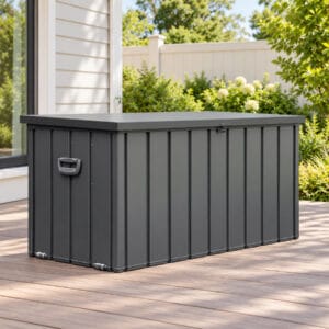 Dark gray 100-gallon steel outdoor storage deck box with a lockable lid on a residential backyard deck