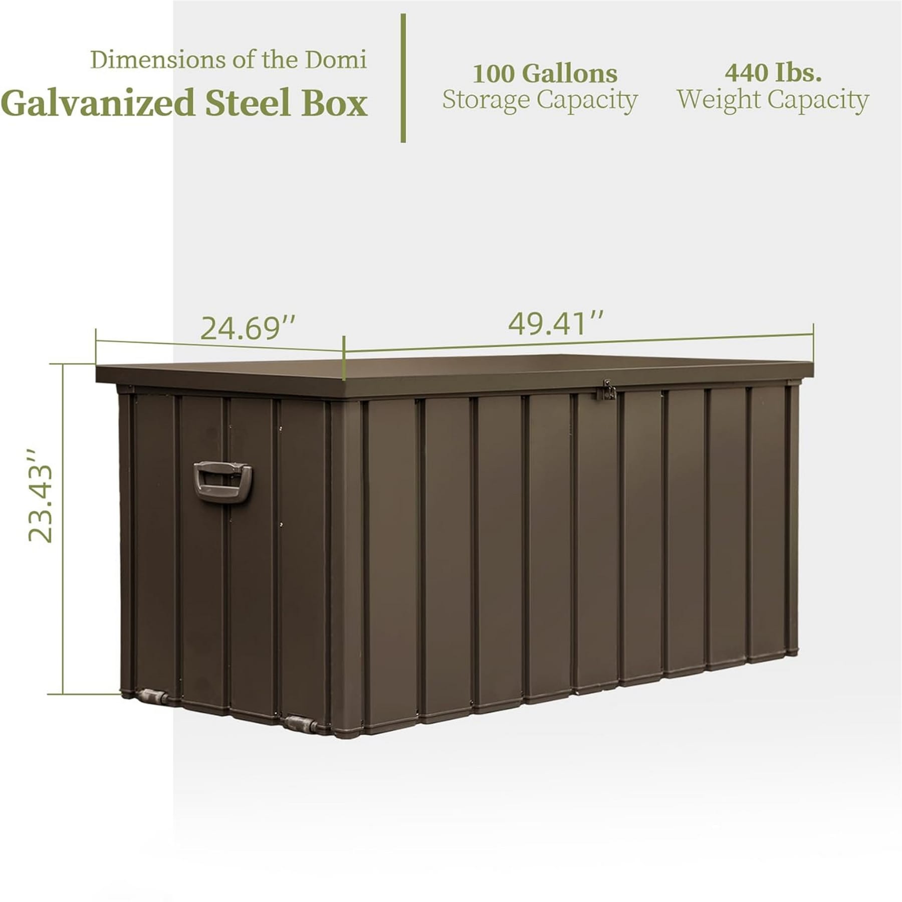 100-gallon outdoor steel deck box dimensions showing 49.41-inch width, 24.69-inch depth, and 23.43-inch height