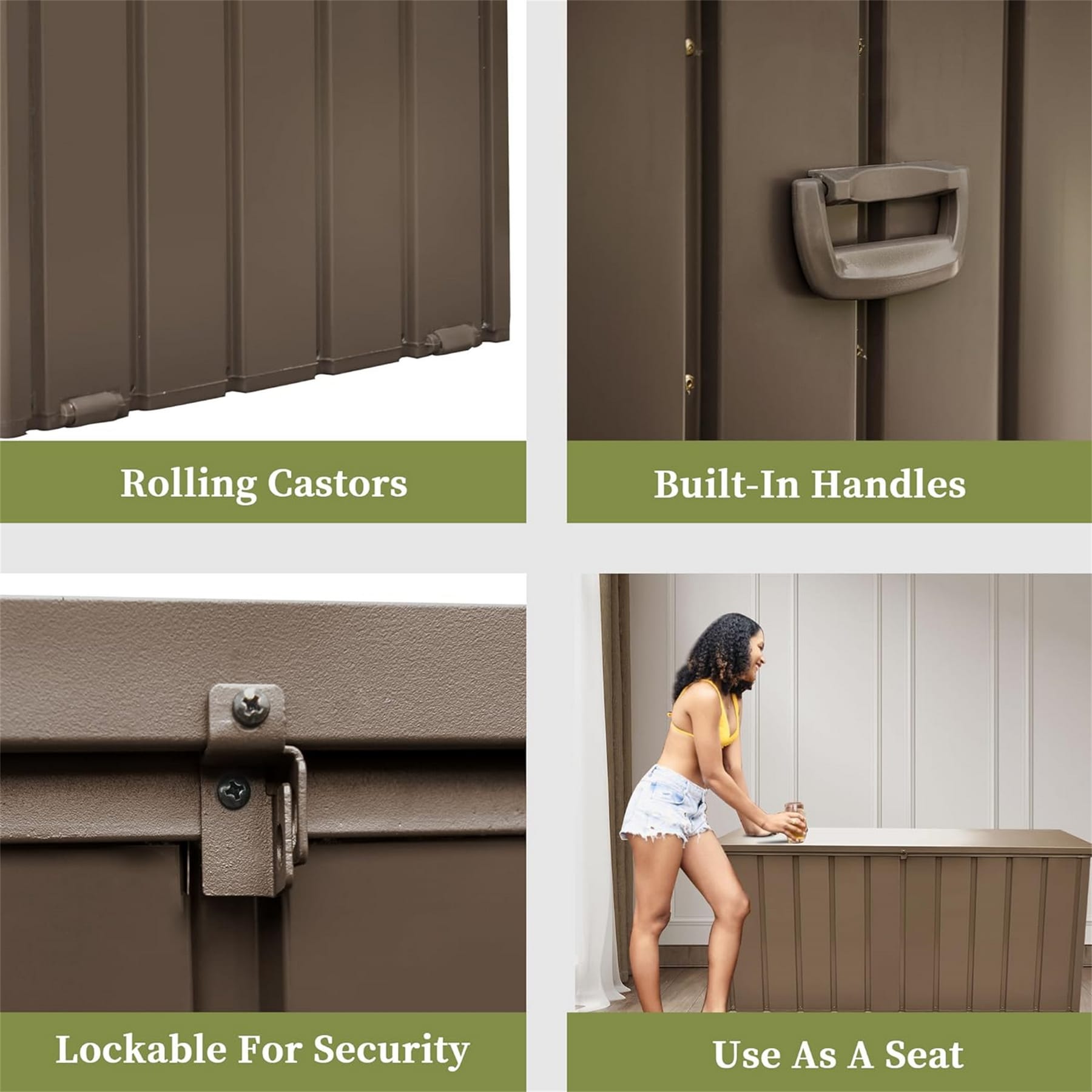 100-gallon outdoor steel deck box showing rolling casters, built-in handles, lockable lid, and seating function