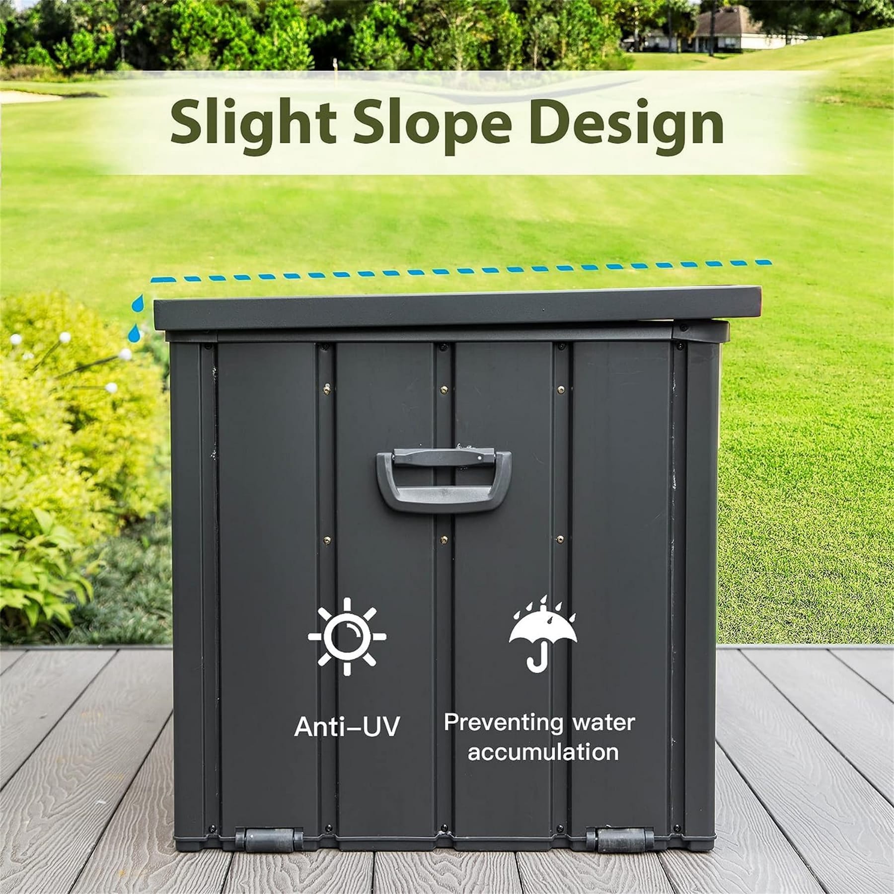 100-gallon outdoor steel deck box with a slightly sloped lid designed to reduce water accumulation and resist UV exposure