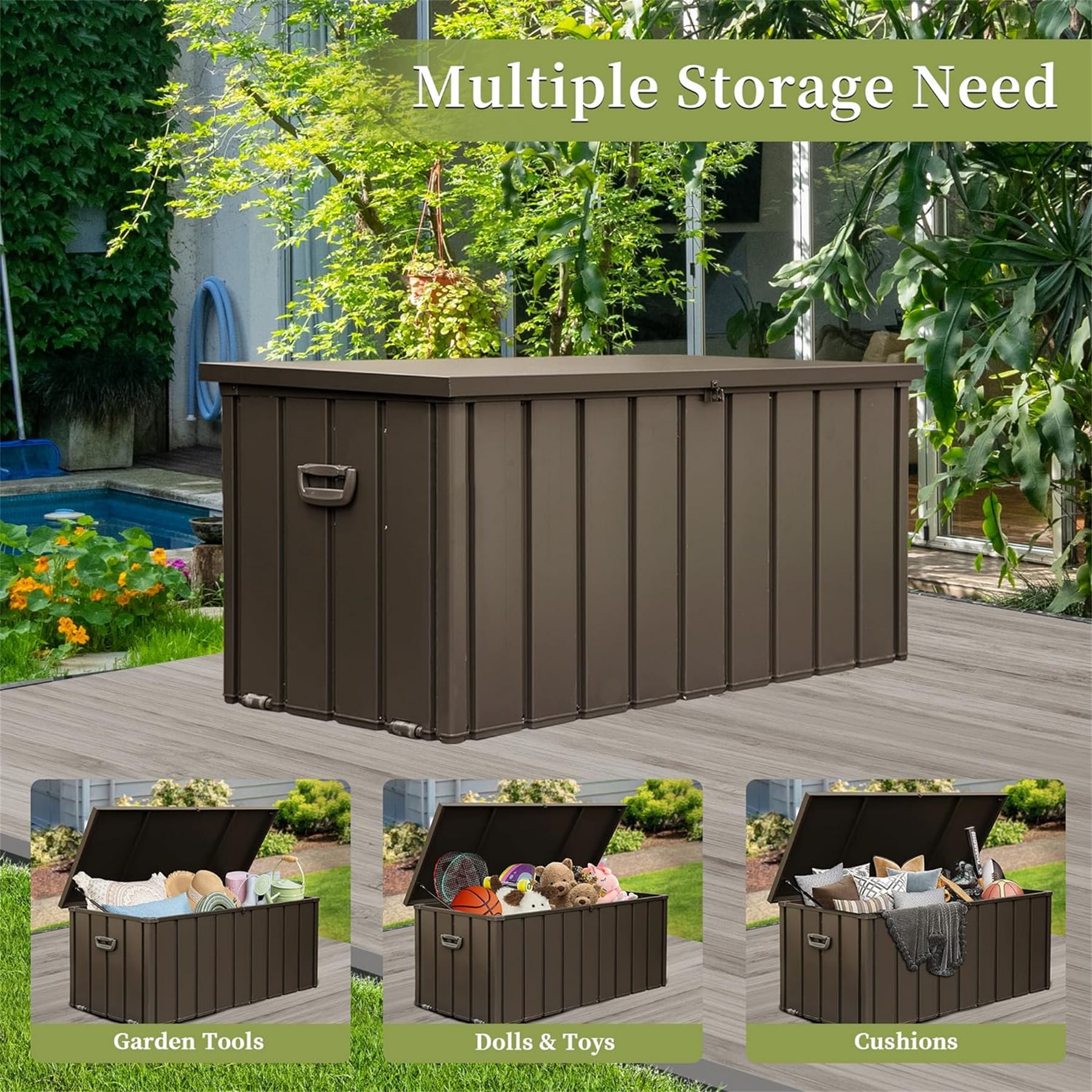 100-gallon outdoor deck box showing storage for garden tools, children's toys, and patio cushions