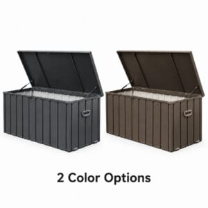 100-gallon outdoor steel deck box in Dark Gray and Dark Brown, both shown with open lids