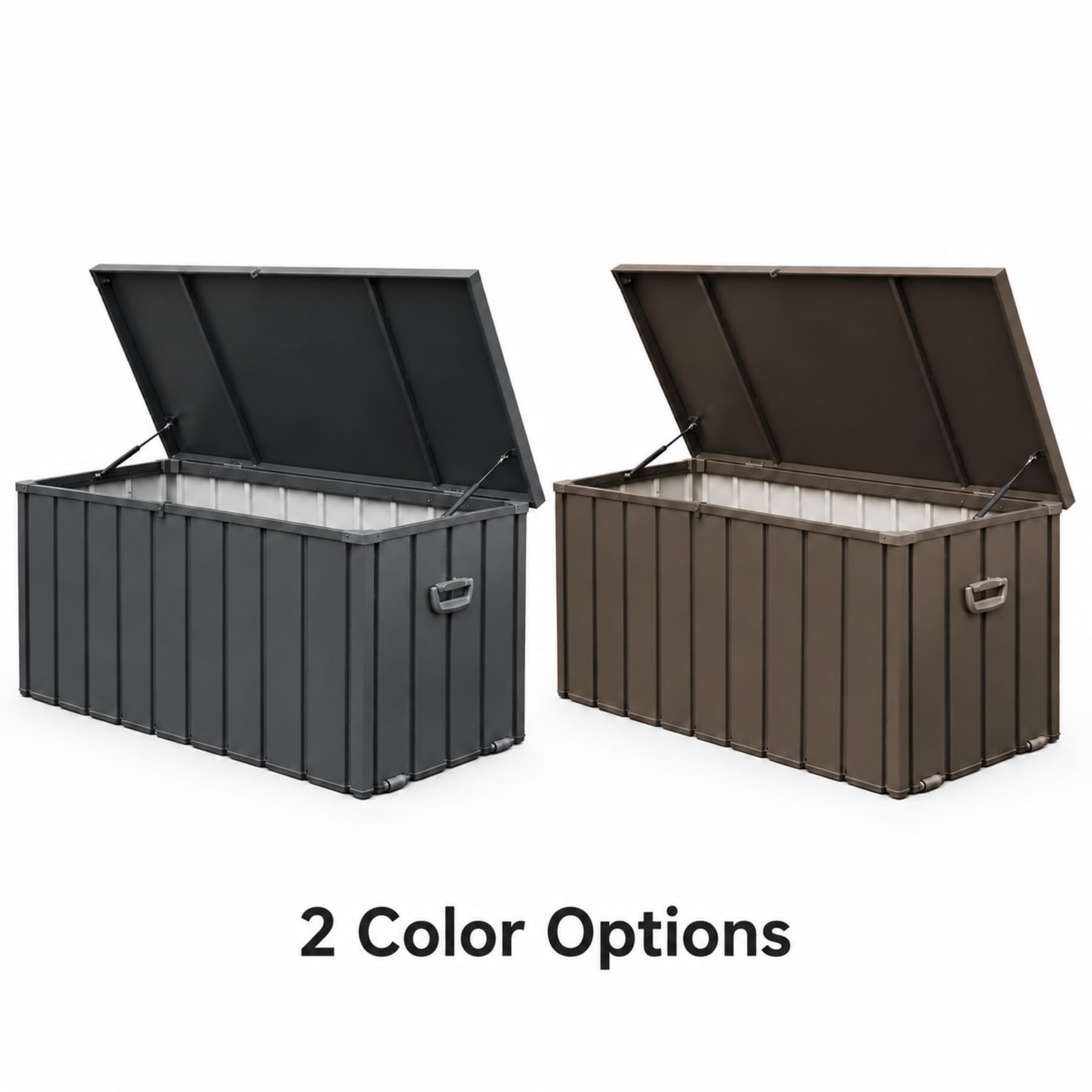 100-gallon outdoor steel deck box in Dark Gray and Dark Brown, both shown with open lids