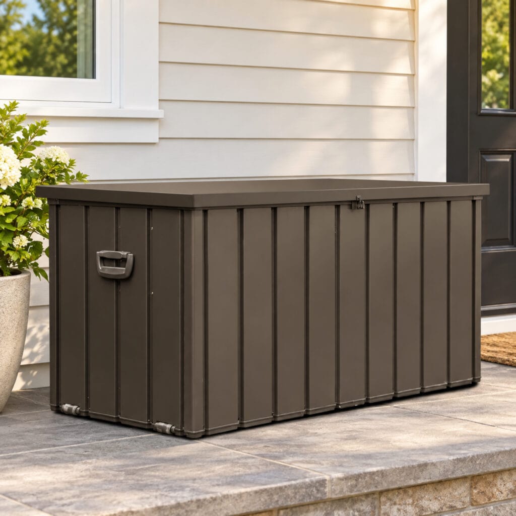 Dark Brown 200 gallon outdoor steel storage deck box on a residential porch