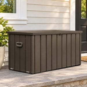 Dark Brown 200 gallon outdoor steel storage deck box on a residential porch