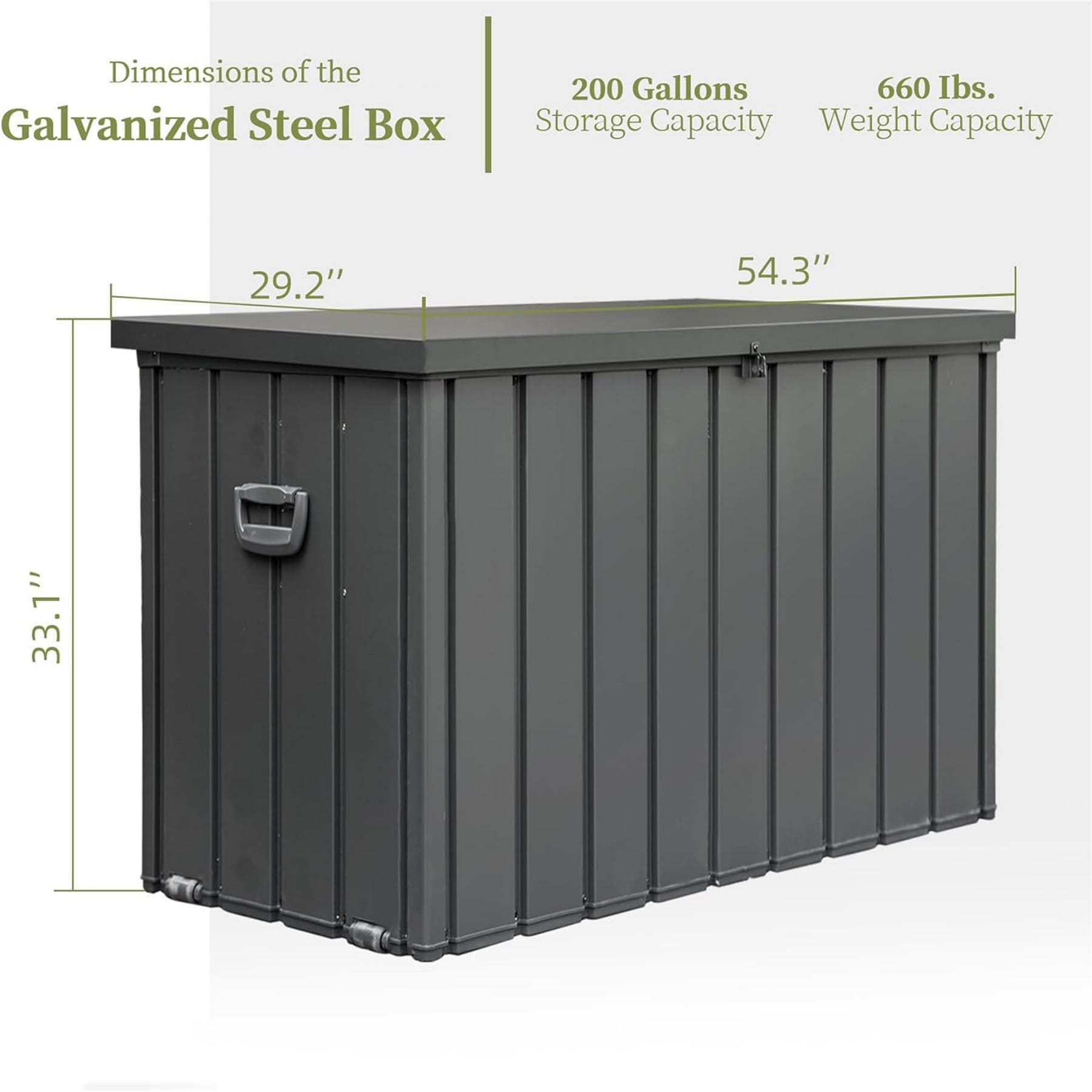 200 gallon outdoor steel storage deck box dimensions showing 54.3 by 29.2 by 33.1 inches
