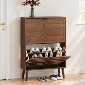 23.6-inch walnut entryway shoe cabinet with open flip drawer and organized shoe storage