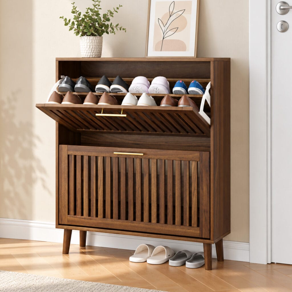 31.5-inch walnut slim entryway shoe cabinet with flip drawers and open lower shoe storage