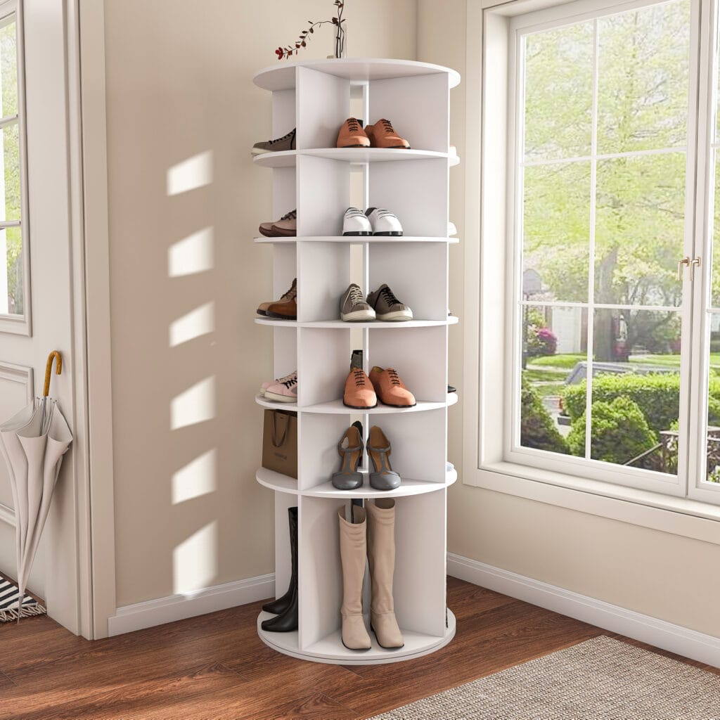 6-tier rotating shoe rack tower placed near an entryway door for space-saving shoe storage