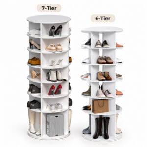 Comparison of 7-tier and 6-tier rotating shoe rack towers showing different heights and storage levels