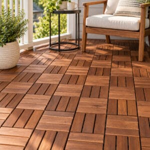 10-pack brown acacia wood interlocking deck tiles with plastic drainage base