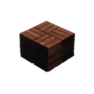 10-pack brown acacia wood interlocking deck tiles stacked on a white background