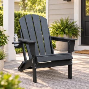 Black folding HDPE Adirondack chair with cup holder on a bright American front porch
