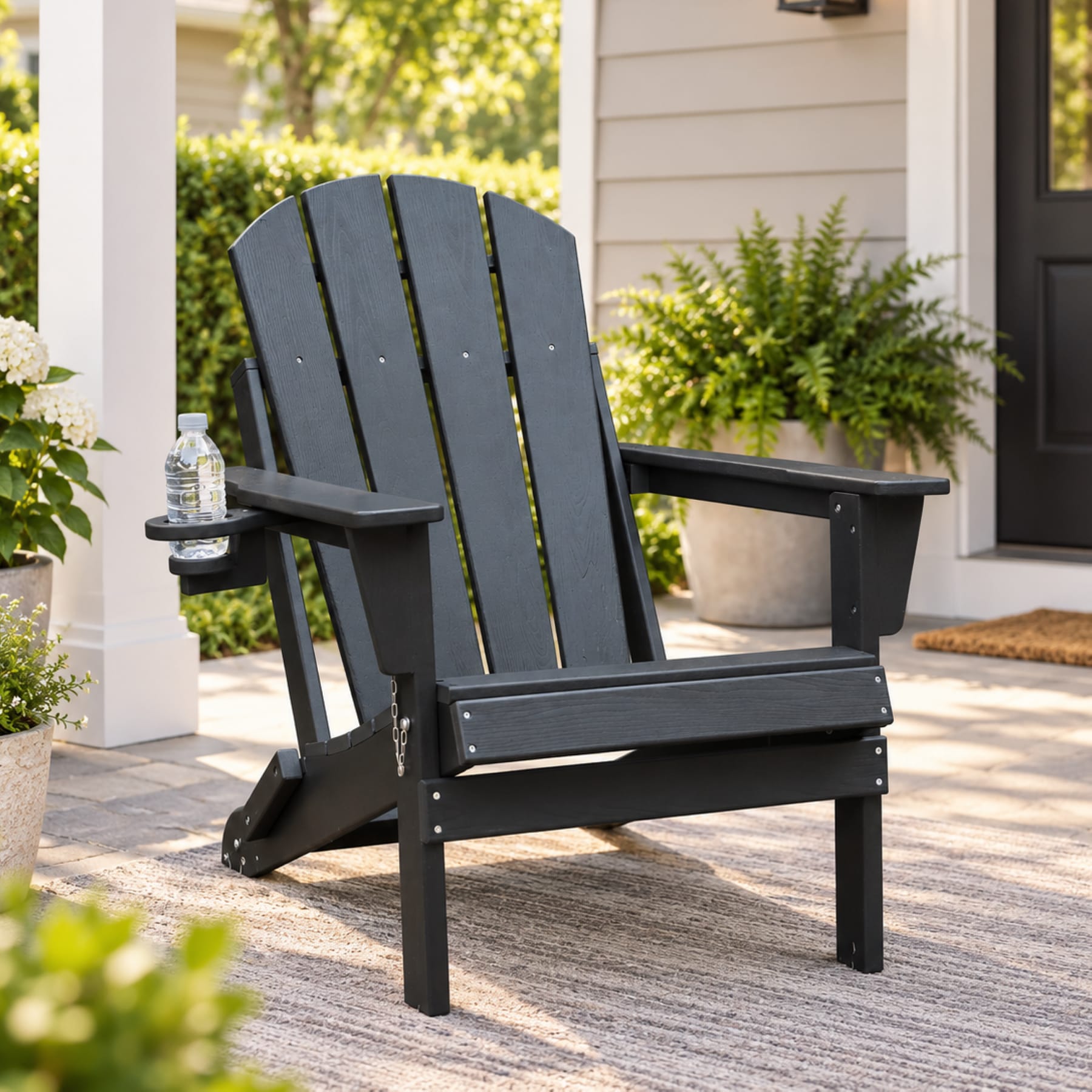 Black folding HDPE Adirondack chair with cup holder on a bright American front porch