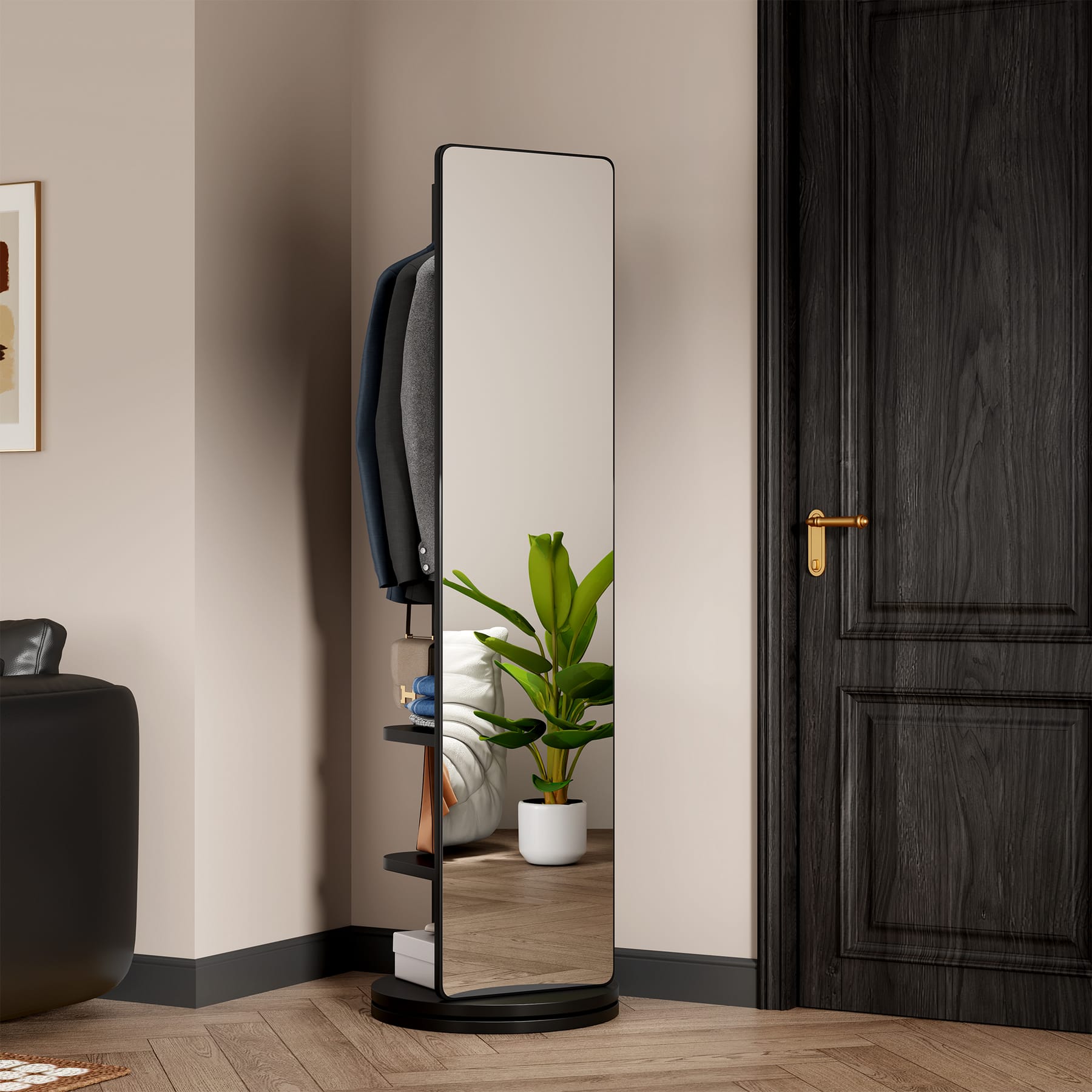 Black full-length mirror with coat rack, hooks, hanging rod, and storage shelves in an entryway
