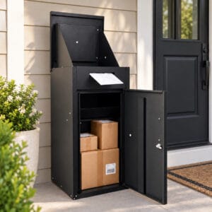 Black lockable outdoor package delivery box with separate mail compartment for porch deliveries