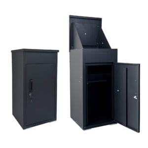 Black lockable outdoor package delivery box with mail slot and front retrieval door