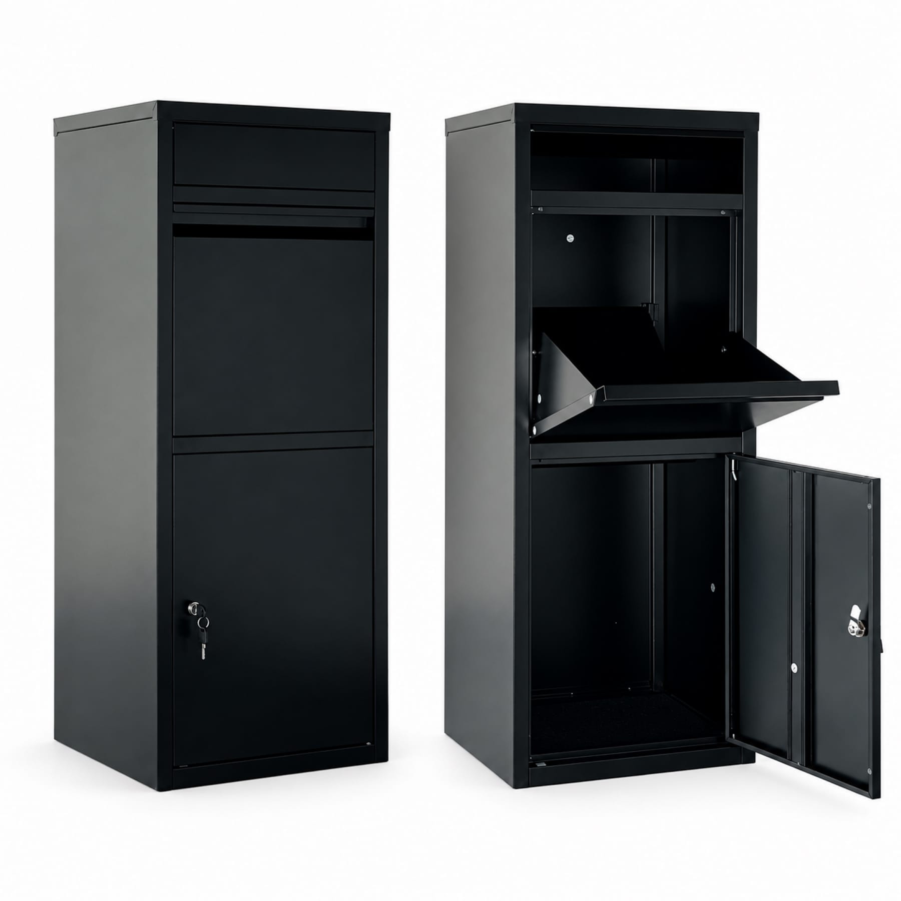 Black steel outdoor package delivery box shown closed and open with parcel drop tray and lockable lower compartment