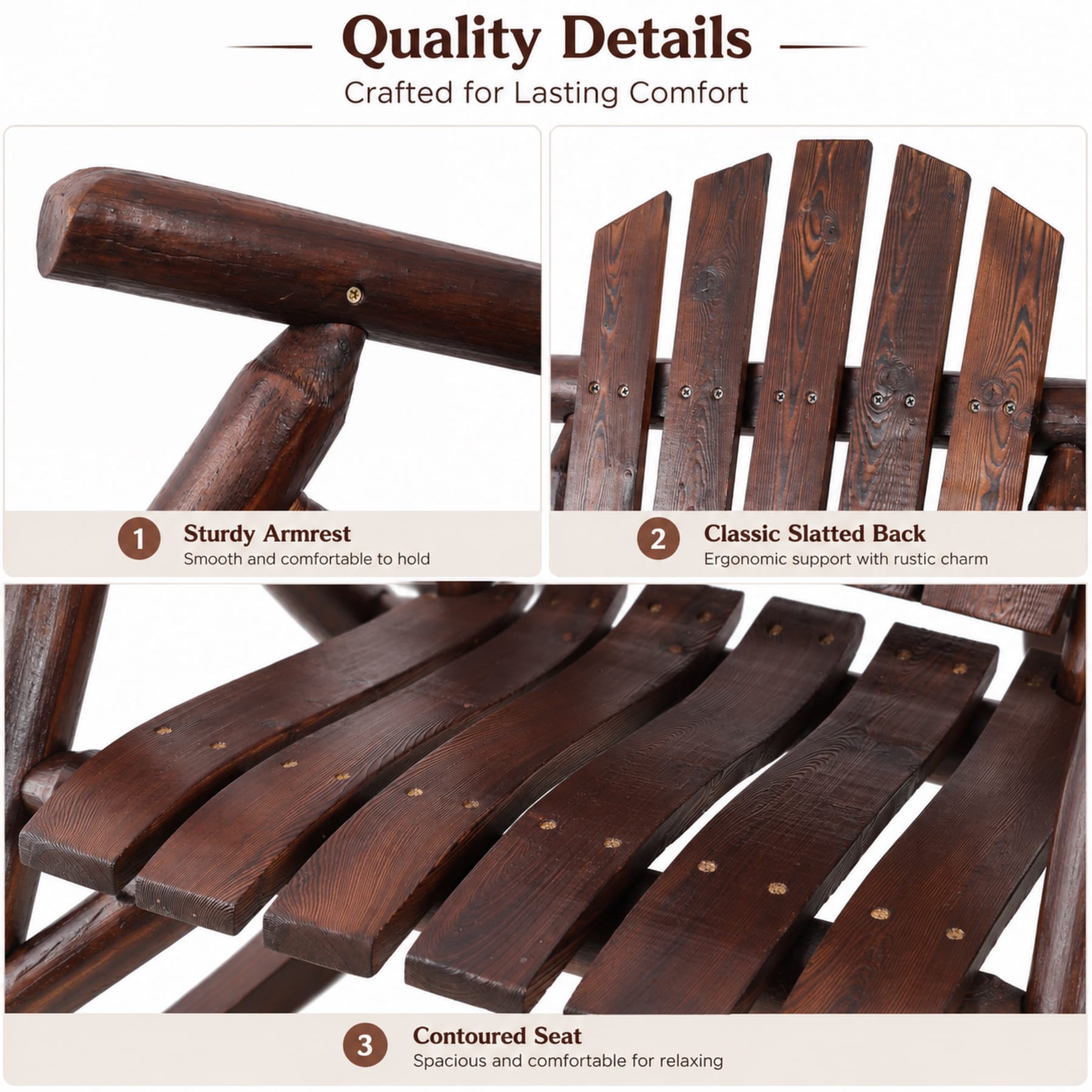 Close-up details of Brown fir wood rocking chair showing armrest, slatted backrest, and contoured seat