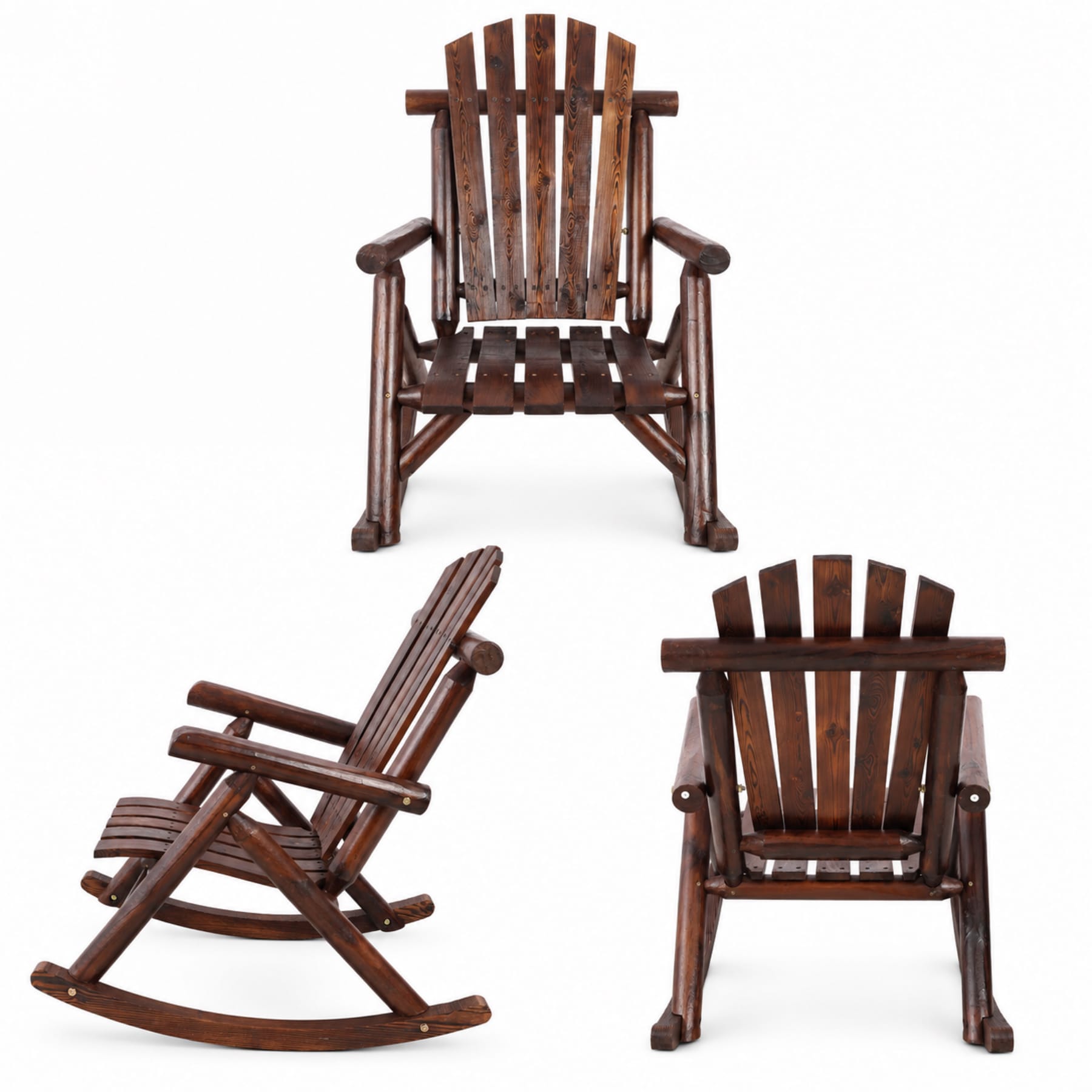Brown fir wood porch rocking chair shown from front, side, and rear views