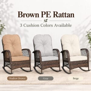 brown-pe-rattan-rocking-chair-three-cushion-colors Brown PE rattan outdoor rocking chair shown with Shallow Brown, Gray, and Beige cushion options