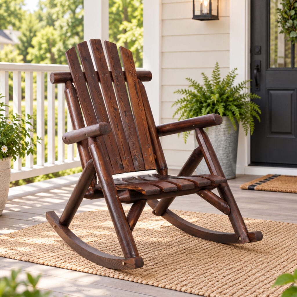 Brown fir wood porch rocking chair with slatted seat and high back on a front porch