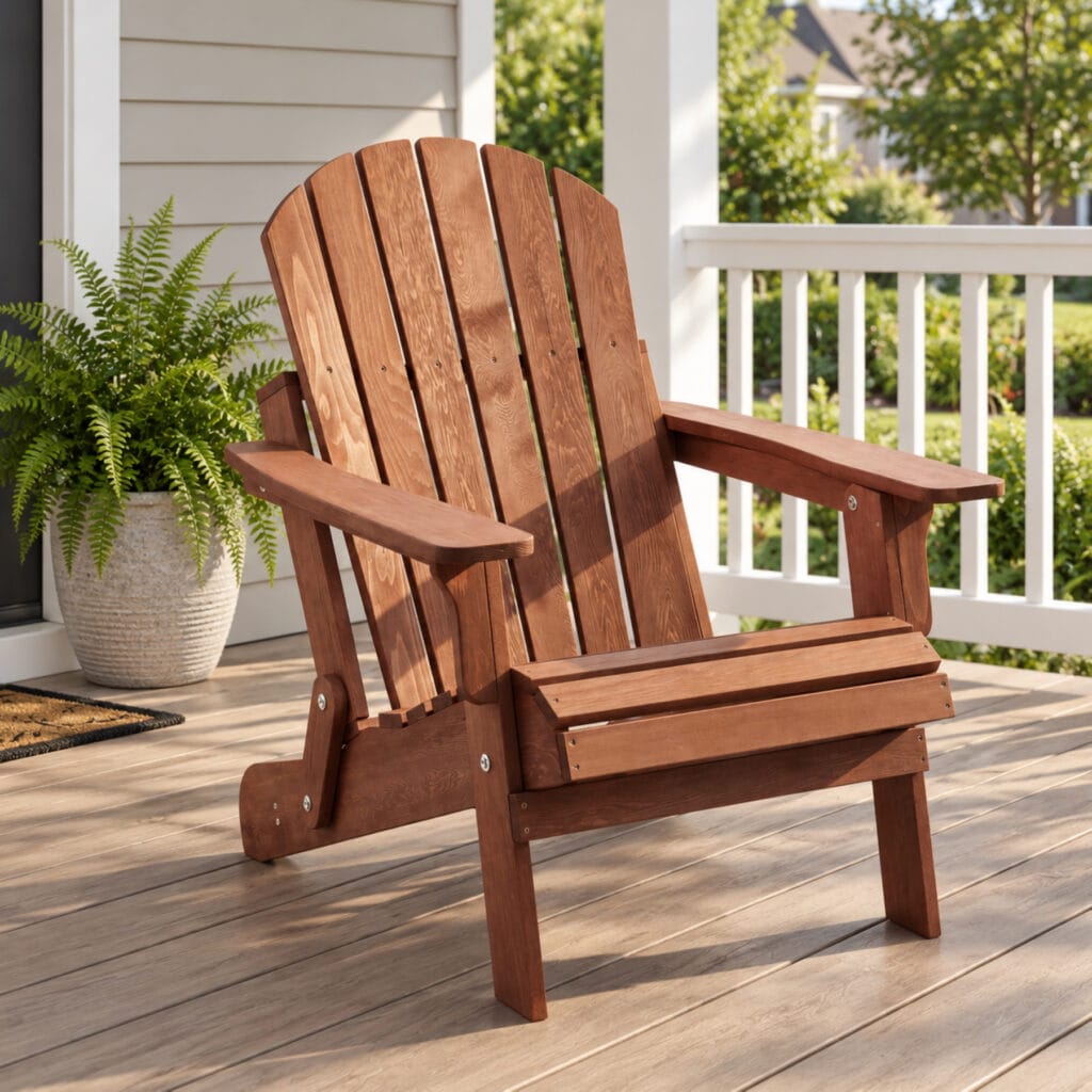 Coffee-colored folding wooden Adirondack chair with wide armrests on a sunny American front porch