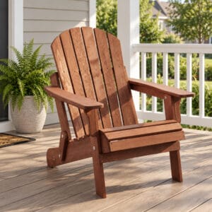 Coffee-colored folding wooden Adirondack chair with wide armrests on a sunny American front porch