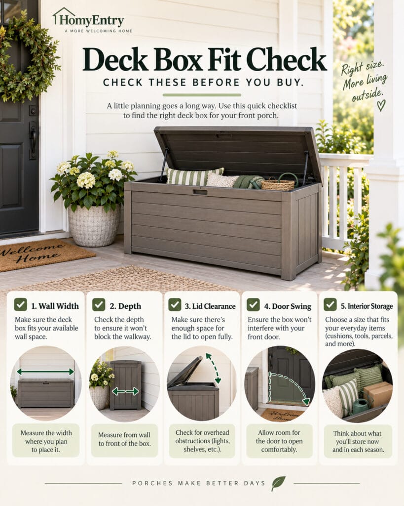 Deck box fit checklist for wall width depth lid clearance door swing and interior storage