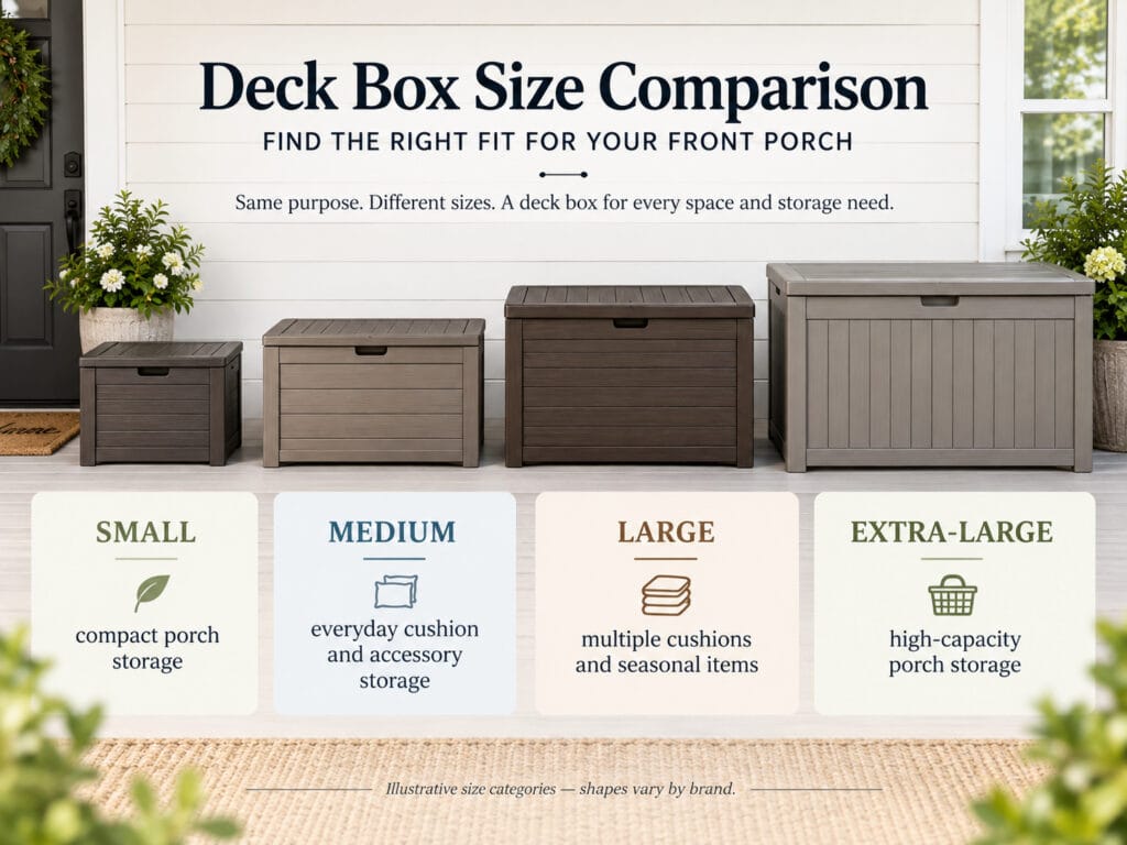 Small medium large and extra-large deck box size comparison