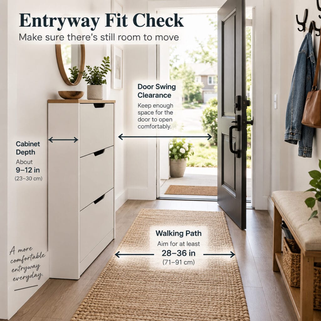 Entryway shoe cabinet placement with walking clearance around the doorway