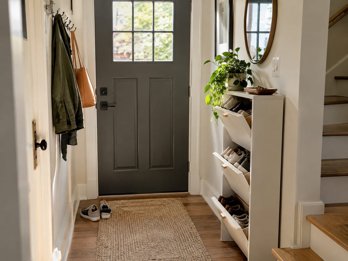 Slim shoe cabinet organizing everyday shoes in a small entryway