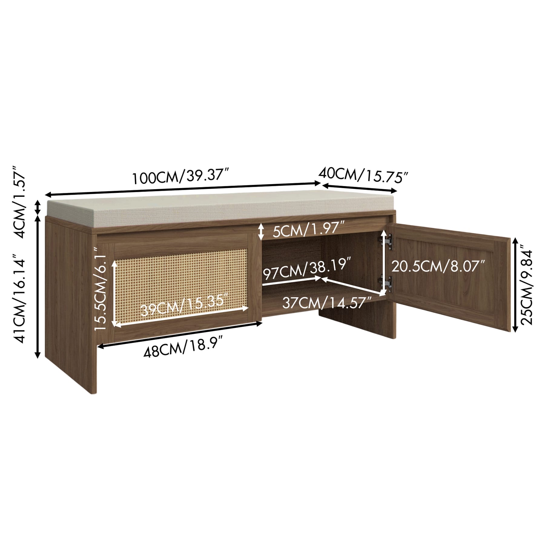 Entryway shoe storage bench dimensions showing 39.4-inch width, 15.75-inch depth, and 17.72-inch height