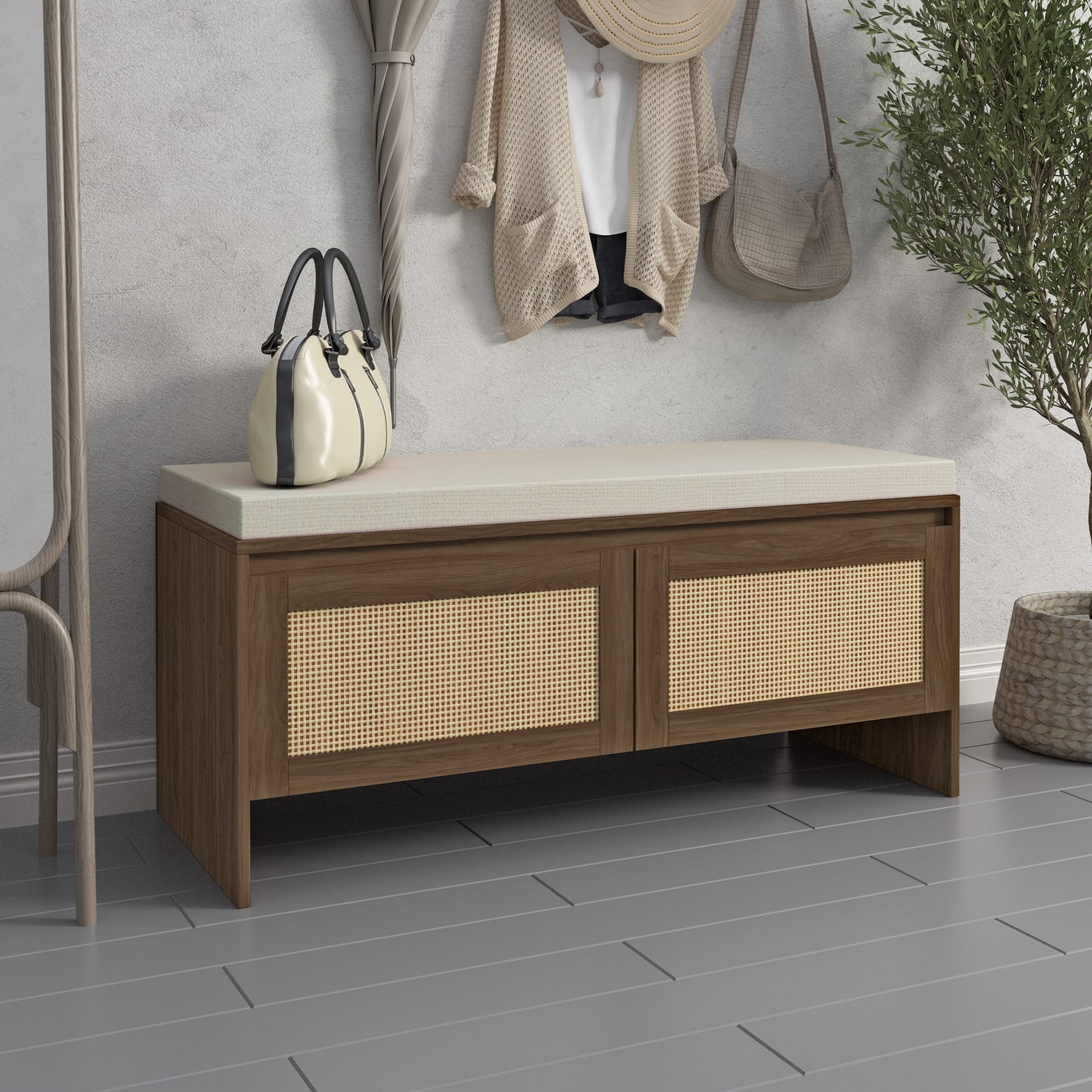 Entryway shoe storage bench with cushioned seat and two faux rattan cabinet doors in a hallway