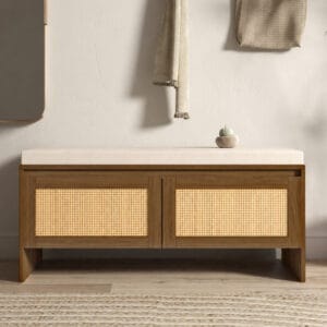 Entryway shoe storage bench with cushioned seat and two faux rattan cabinet doors